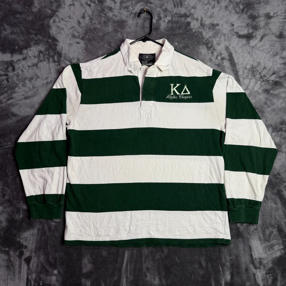 Vintage Charles River Apperal Green Striped Polo Rugby Long Sleeve Size Large
